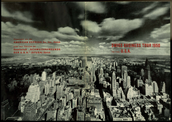 Programme Swiss Business Tour to the USA 1950, page de couverture: illustration noir/blanc image panoramique avec skyline et des gratte-ciel